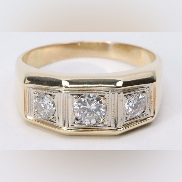 Vintage 14K Yellow Gold Men's 3 Stone Diamond Ring with Miligrain Accents